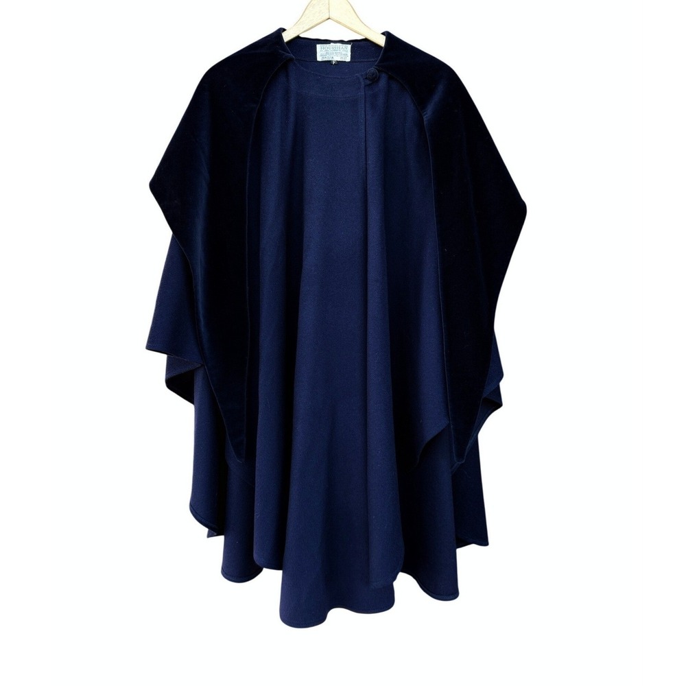 Hourihan Navy Blue Irish Walking Cape Velvet Hood Wool Cashmere One Size Luxury
